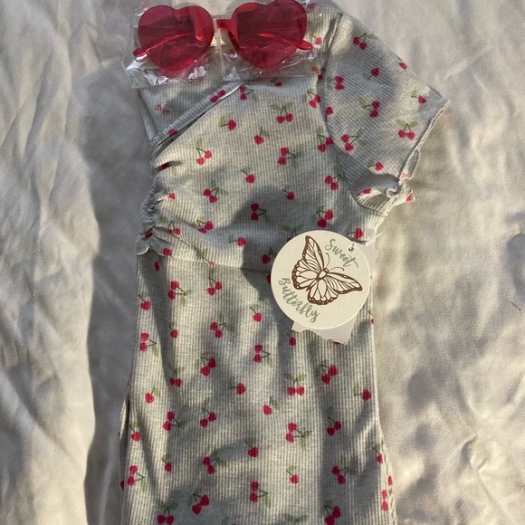sweet Butterflies Other - Gray Dress with Cherry Print and Heart Sunglasses